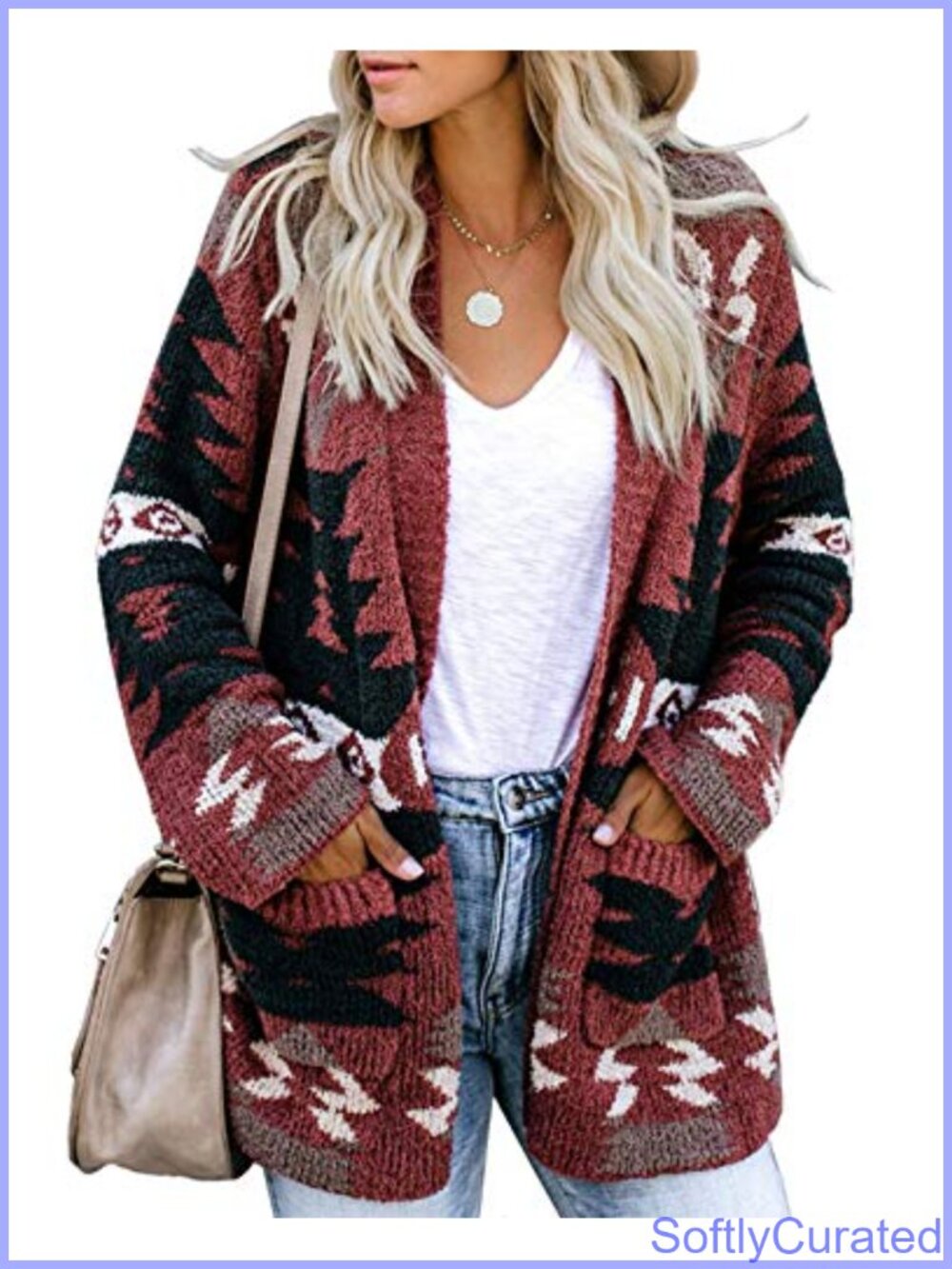 Boho Aztec Open Front Knit Cardigan Loose Slouchy Sweater
